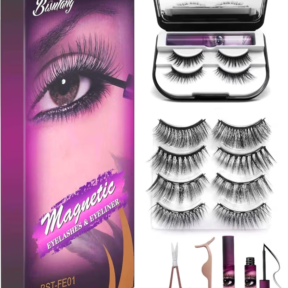 Magnetic Eyelashes and Eyeliner, 6-Pairs Reusable Magnetic Lashes and 2 Tubes